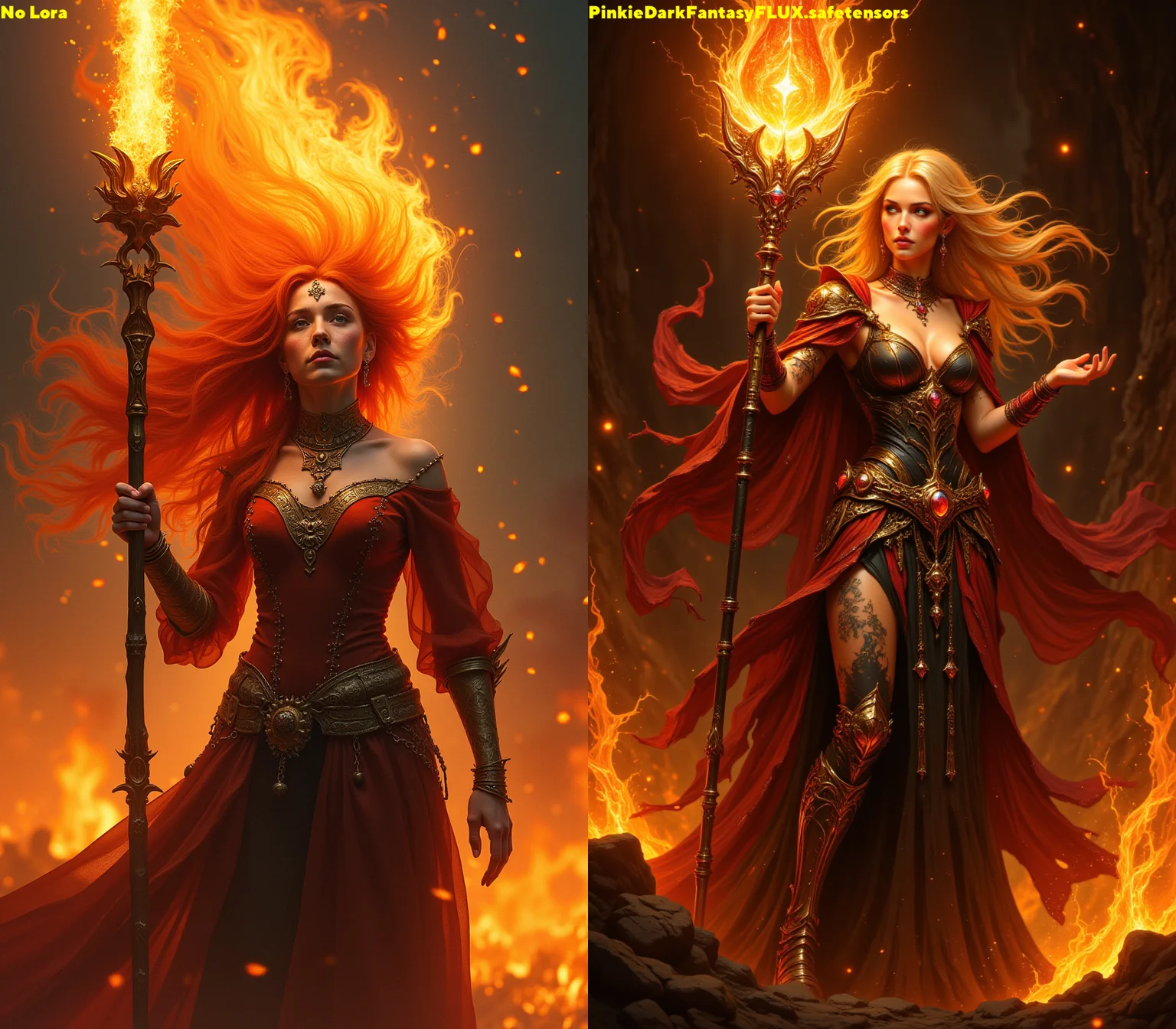 pinkdarkfantasy, a woman with fiery hair and molten eyes, her staff erupting in a pillar of flames as she commands fire elementals.