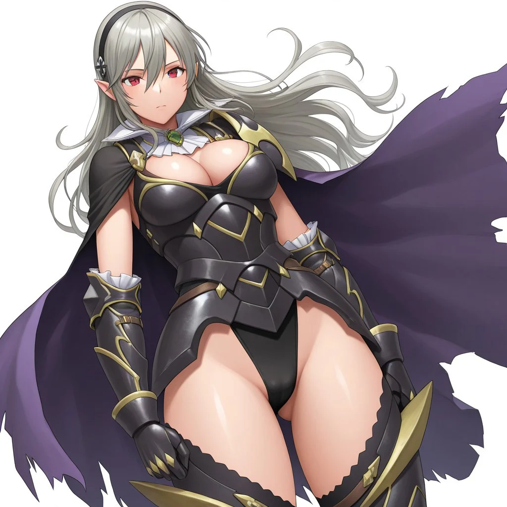 high resolution, score_9, score_8_up, score_7_up, score_6_up, score_5_up, score_4_up,crimsonj-girl.fightil, masterpiece, best quality, amazing quality, very aesthetic,
uncensored,
1girl, solo, CorrinNohr, Long Hair, Grey Hair, Hair Between eyes, Black hairband, Red Eyes, Pointy Ears, Leotard, Black leotard, Armor, Torn Cape, Gauntlets, Thighhighs, Large Breasts,
white background, Simple background