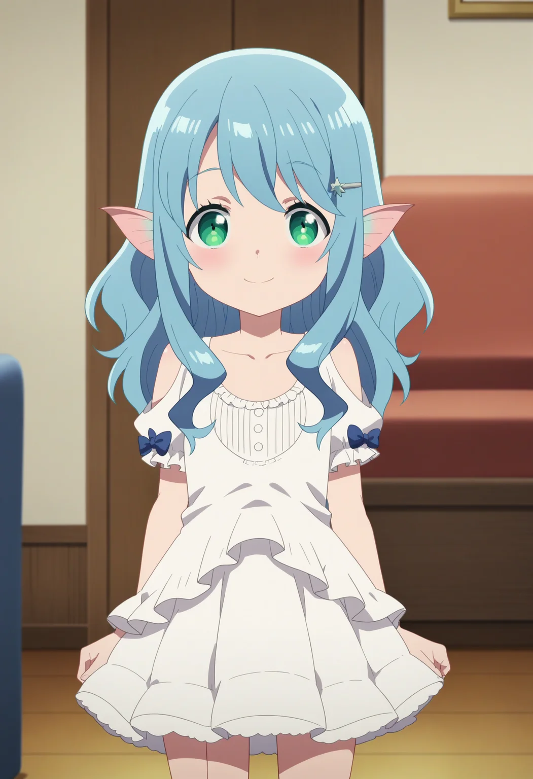 score_9, score_8_up, score_7_up, score_6_up, score_5_up, score_4_up , anime coloring ,BREAK source_anime, anime,screencap,
1girl, solo, long hair, hair ornament, dress, green eyes, blue hair, pointy ears, white dress, <lora:PonyXL Myu V4:1>
indoors, living room, smile, looking at viewer,