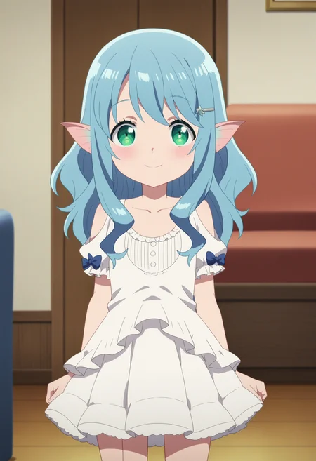 score_9, score_8_up, score_7_up, score_6_up, score_5_up, score_4_up , anime coloring ,BREAK source_anime, anime,screencap,
1girl, solo, long hair, hair ornament, dress, green eyes, blue hair, pointy ears, white dress, <lora:PonyXL Myu V4:1>
indoors, living room, smile, looking at viewer,