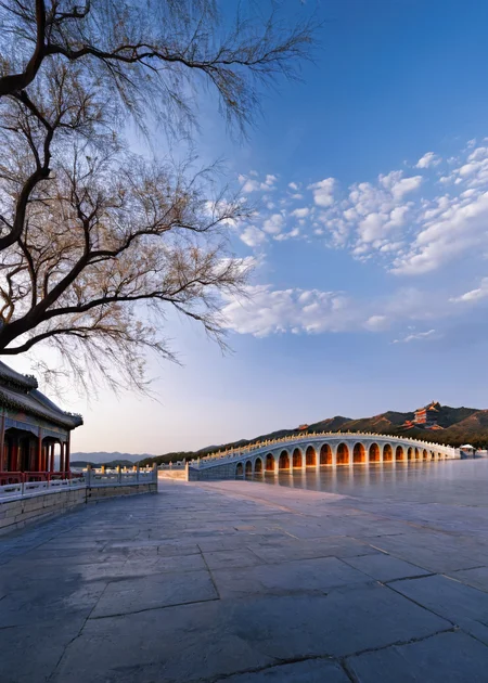 <lora:é¢åå­:1>,The Summer Palace, scenery, no humans, sky, outdoors, cloud, architecture, building, tree, east asian architecture, water, blue sky, cloudy sky, city, bridge, sunset, cityscape, day, signature, mountain, reflection, artist name, road, masterpiece, best quality,