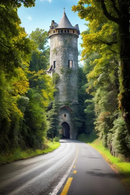 realistic analog photo, award winning photo, GoldMoonstoneWorld witow, no humans, scenery, blue sky, road, nature, outdoors, RAW, highres, 8k, uhd, High Dynamic Range, tonemapping, crisp details, portcullis,