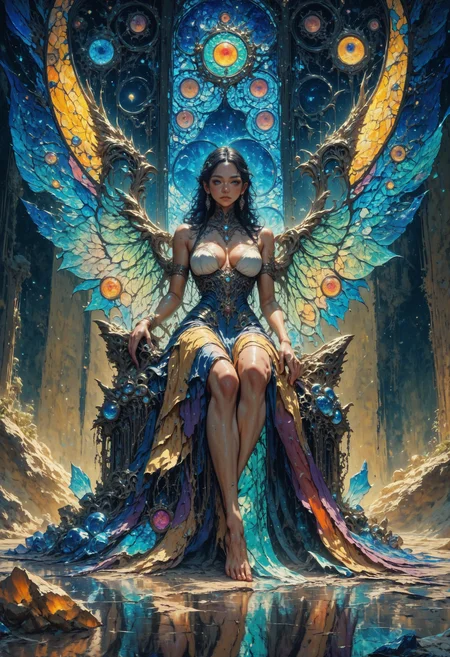 score_9, score_8, score_8_up, score_7_up, 1girl, sitting on a crystalline throne, stained glass wings folded behind, glowing shards scattered on the floor, melancholic expression, resting her chin on one hand, intricate throne details, radiant glow, surreal ambiance, shattered sunlight pattern, big teardrop breasts