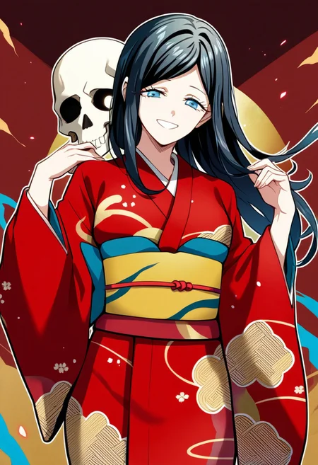 score_9,score_8_up,score_7_up,source_anime,Hana Mitani,1girl,solo,looking at viewer,smile,long sleeves,japanese clothes,wide sleeves,kimono,sash,obi,skull,red kimono