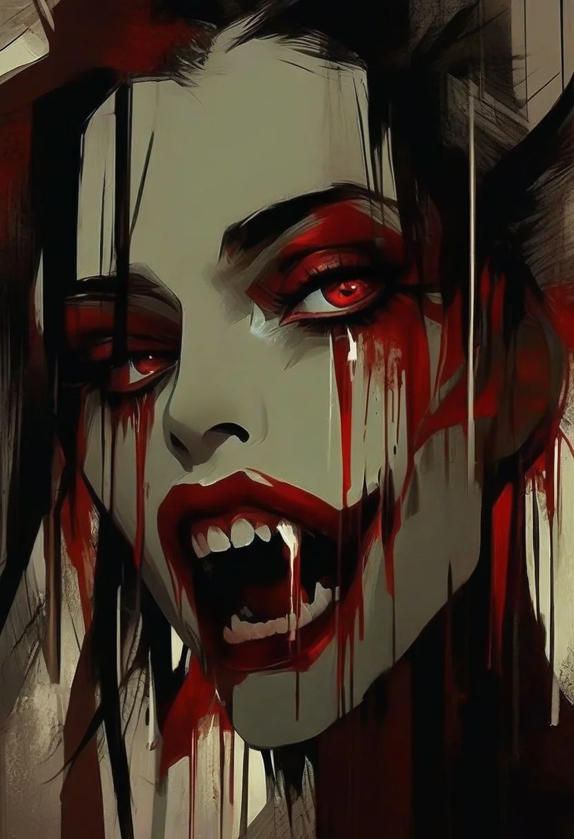 (masterpiece), excellent quality, abstract art, vector art, face of a woman with long and sharp vampire-like canines, and blood dripping from her mouth, winking, seductive look, aesthetics with blood dripping effect,DonMn1ghtm4reXL