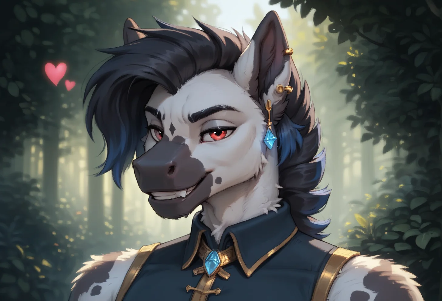 score_9, score_8_up, score_7_up, score_6_up, 1anthro, male, , furry, detailed fur, anthro, eyes, , perfect face, detailed eyes, perfect eyes, sexy, sexy boy, beautiful eyes, perfect cute face, petite body, face focus, dynamic angle, body shot, full body, looking at viewer, face focus, outdoors, detailed lighting, detailed background, upper body, portrait, eyes focus,
smug expression, floating hearts, eye focus, smug, pleased, mischievous, smirk, seductive pose, , flirty, flirting with viewer, forest, woods, wilderness, nature, detailed teeth,
detailed eyes, perfect eyes, beautiful eyes, , bedroom eyes, detailed eyes, perfect eyes, beautiful eyes, , detailed fur, tail, eyes, realistic fur, , solo, 1 boy, young, (((handsome, detailed face and eyes))), solo, anthro, furry male, equine boy, white body fur, Therium, Therium_Lust_shards, equine, stallion, white fur, fur pattern, red eyes, jewelry, blue gem on ear, blue ear piercing, waistcoat, gold threads, brown pouch, black trousers, belt, gold emblem on belt, tail, sleeveless, bare arms, <lora:Therium_-_Lust_Shards:0.75>
tail, uncensored, equine mouth,
<lora:CleanDetailed_Eyes:0.25>
<lora:princess_xl_v1:1> <lora:Expressive_H:0.65> <lora:g0th1cPXL:0.45> <lora:incase-ilff-v3-4:0.3>