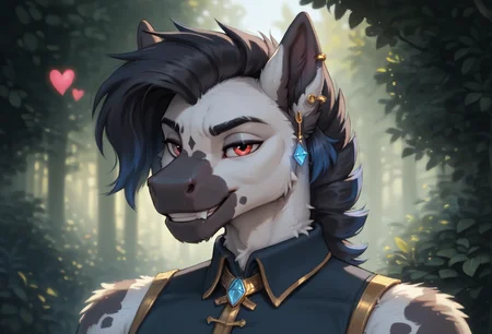 score_9, score_8_up, score_7_up, score_6_up, 1anthro, male, , furry, detailed fur, anthro, eyes, , perfect face, detailed eyes, perfect eyes, sexy, sexy boy, beautiful eyes, perfect cute face, petite body, face focus, dynamic angle, body shot, full body, looking at viewer, face focus, outdoors, detailed lighting, detailed background, upper body, portrait, eyes focus,
smug expression, floating hearts, eye focus, smug, pleased, mischievous, smirk, seductive pose, , flirty, flirting with viewer, forest, woods, wilderness, nature, detailed teeth,
detailed eyes, perfect eyes, beautiful eyes, , bedroom eyes, detailed eyes, perfect eyes, beautiful eyes, , detailed fur, tail, eyes, realistic fur, , solo, 1 boy, young, (((handsome, detailed face and eyes))), solo, anthro, furry male, equine boy, white body fur, Therium, Therium_Lust_shards, equine, stallion, white fur, fur pattern, red eyes, jewelry, blue gem on ear, blue ear piercing, waistcoat, gold threads, brown pouch, black trousers, belt, gold emblem on belt, tail, sleeveless, bare arms, <lora:Therium_-_Lust_Shards:0.75>
tail, uncensored, equine mouth,
<lora:CleanDetailed_Eyes:0.25>
<lora:princess_xl_v1:1> <lora:Expressive_H:0.65> <lora:g0th1cPXL:0.45> <lora:incase-ilff-v3-4:0.3>