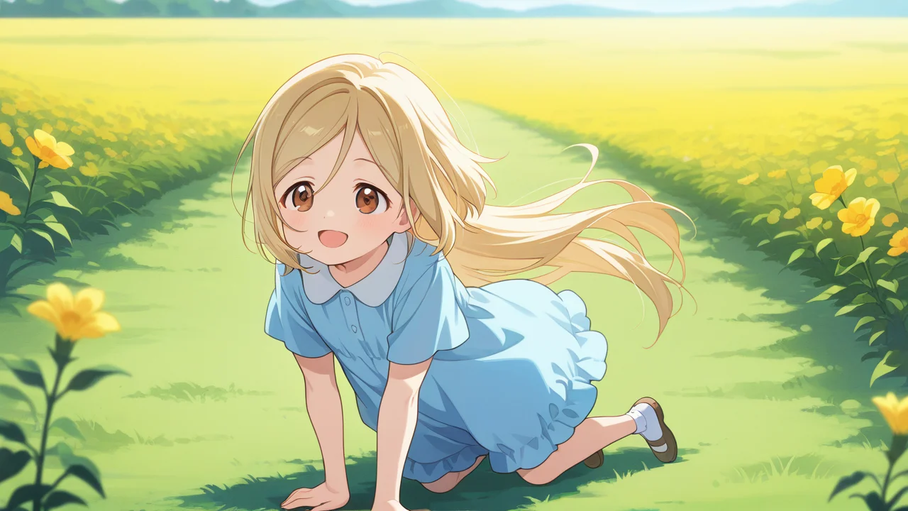 solo, smile, happy, full body, watercolor, plains, flowers, dynamic pose, cute, outdoors, daylight,, masterpiece, best quality, amazing quality, very aesthetic, absurdres, newest, anime screencap, <lora:takanoILM:1>, takano miyo, long hair, very long hair, blonde hair, parted bangs, brown eyes, hair between eyes, aged_down, child, short hair,