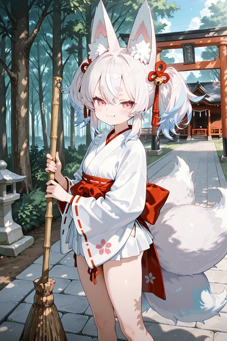 anime style.

((Side Shot)).

Inari cleaning path with broom.

1girl, monster girl, Inari, animal-ears, fox tail, multiple tails, white hair, twintails, detailed hair, pink eyes, detailed eyes:1.3, detailed face:1.2, smug, brat, white mini miko kimono, white mini skirt. tighthighs, cleaning path with broom.

BREAK

sky blue tone filter. japanese shrine(cool temperature, morning, tree, stone path, Torii)

embedding:lazympos, score_9, score_8_up, score_7_up, masterpiece, best quality, amazing quality, very aesthetic, high resolution, ultra-detailed:1.4, absurdres, newest,high dynamic range, vibrant, clear shadows and highlights, enhanced contrast,