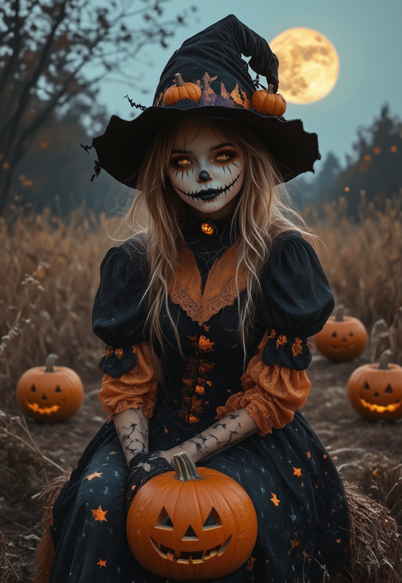 by Ian McQue and Sam Spratt,  Magical Autumn, <lora:EnvyStudioPortraitXL01:0.35> , portrait of  leu_hanna2, 25 yo, HALLOWEEN, halloween costume, witch hat, pumpkins, night sky, pointing a to a viewer