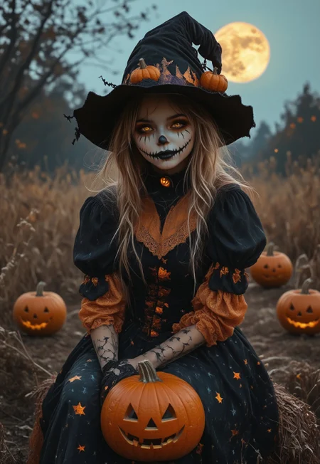 by Ian McQue and Sam Spratt, Magical Autumn, <lora:EnvyStudioPortraitXL01:0.35> , portrait of leu_hanna2, 25 yo, HALLOWEEN, halloween costume, witch hat, pumpkins, night sky, pointing a to a viewer