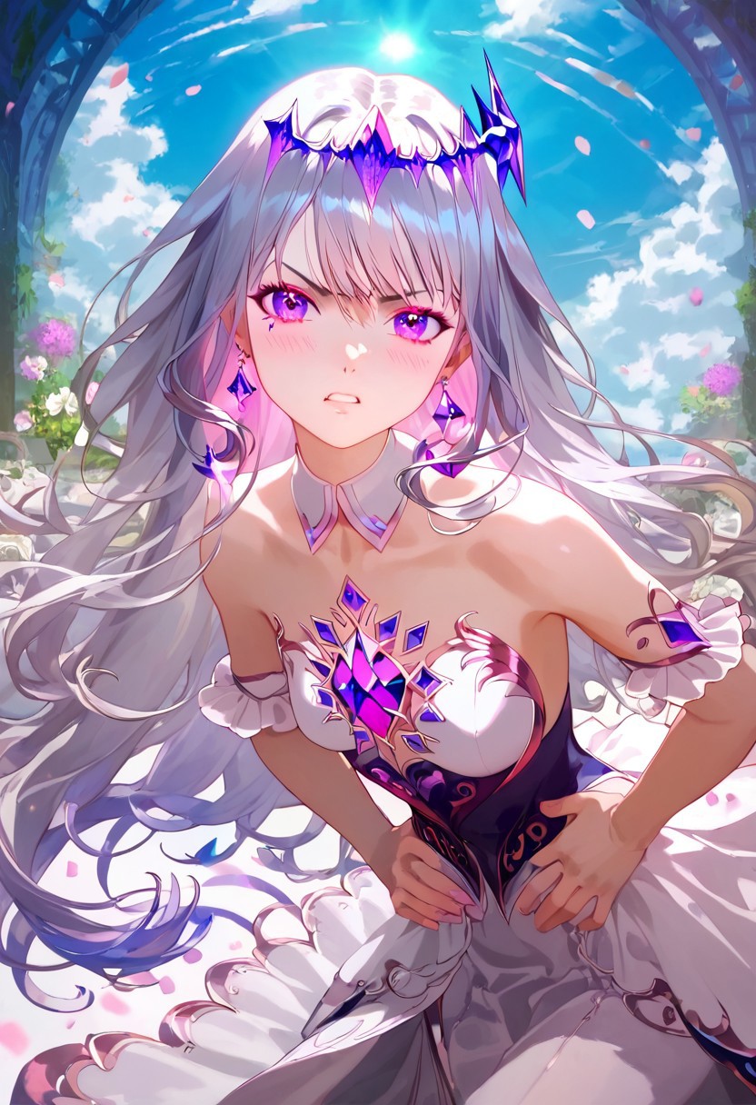 score_9, score_8_up, score_7_up, score_6_up, Expressiveh, ultra detailed, high resolution, absurdres, masterpiece, 
1girl, beautiful, aesthetic, dynamic pose, perfect hands, beautiful hands, perfect anatomy, looking at viewer, petite, short, thin, slim, detailed face, beautiful face, detailed eyes, beautiful eyes, 
beautiful jewelry, intricate jewelry, detailed earrings, beautiful earrings,
bijou, long hair, dynamic hair, silver hair, purple highlight, purple eyes, small breast, detailed outfit, embellished outfit, heels,
beautiful scenery, aesthetic scenery, detailed background,
depth of field, realistic, realistic background, colorful background, vibrant background, windy,
hands on waist, angry, blush, leaning forward,