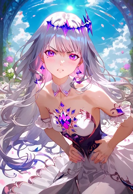 score_9, score_8_up, score_7_up, score_6_up, Expressiveh, ultra detailed, high resolution, absurdres, masterpiece, 
1girl, beautiful, aesthetic, dynamic pose, perfect hands, beautiful hands, perfect anatomy, looking at viewer, petite, short, thin, slim, detailed face, beautiful face, detailed eyes, beautiful eyes, 
beautiful jewelry, intricate jewelry, detailed earrings, beautiful earrings,
bijou, long hair, dynamic hair, silver hair, purple highlight, purple eyes, small breast, detailed outfit, embellished outfit, heels,
beautiful scenery, aesthetic scenery, detailed background,
depth of field, realistic, realistic background, colorful background, vibrant background, windy,
hands on waist, angry, blush, leaning forward,