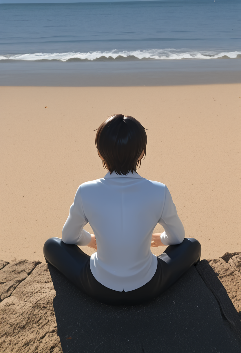 (masterpiece, high quality, amazing detail), highres, 1boy, eren yeager, sitting, from behind, photo background, beach, sea, sand bar,<lora:Kurapika_is_now_drowning_in_an_indescribable_emptiness-000009:1>