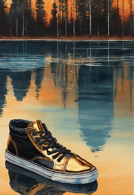 (breathtaking:1.25), (watercolor, aquarelle, wet watercolor:1.25), (dark magic, grimdark, creepy tale:1.15),  featuring a single black and gold sneaker placed on a crystal clear reflective frozen lake, sneaker should have a sleek design with fine pattern and black as the dominant color with striking gold accents, frozen lake should be so clear and smooth that it acts like a mirror, perfectly reflecting the sneaker, sky and the lake seamlessly blending together on the horizon, sky is a breathtaking gradient of orange and blue, serene and almost otherworldly, retro sneakers, by alena aenami, by rutkowski, suade casual with flat soles,
(intricate details), (hyperdetailed), 8k hdr, high detailed, lot of details, high quality