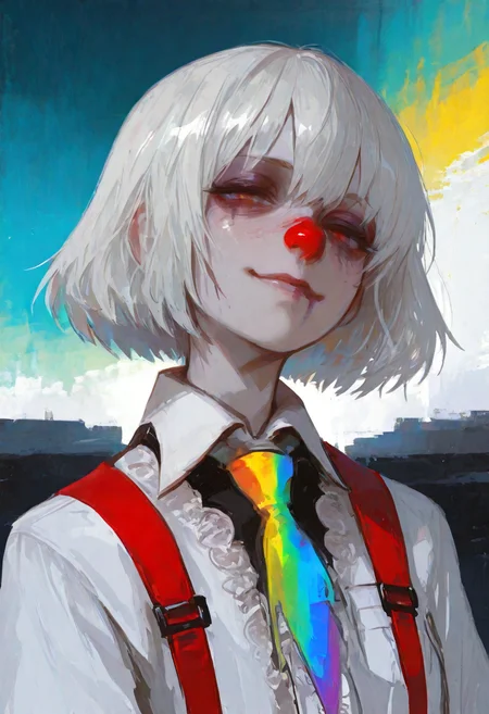 amazing quality,masterpiece, best quality, good quality, newest,very aesthetic, absurdres,  newest, disco_elysium, art by Alexander Rostov, art by greg rutkowski and artgerm, soothing tones, calm colors, rough brush strokes, 1girl, solo, upper body, slim face, eyes covered with hair, seductive smile, white hair, short hair, goth, smeared makeup, dishelved, white office shirt, red_suspenders, red clown nose, rainbow tie, rainbow background, <lora:disco_elysium:1>  <lora:748cmSDXL:0.8> 748cmstyle, <lora:ponyv6_noobV1_2_adamW:0.7> <lora:GBF_Illustrious:0.4> gbf_style,  <lora:USNR STYLE_XL_loha:0.45> usnr, <lora:V5.1_retrain:0.6>