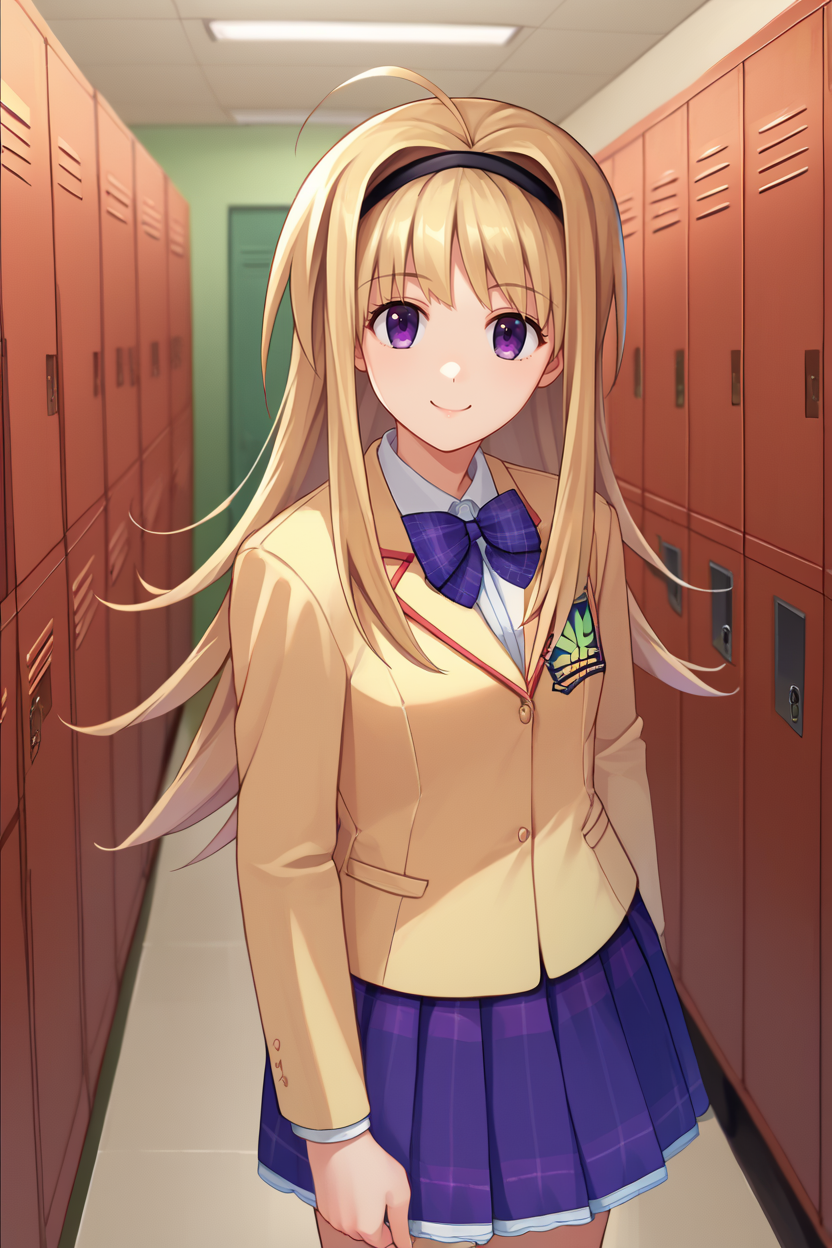 score_9, score_8_up, score_7_up, score_6_up, source_anime, BREAK 1girl,  <lora:chnanami-pdxl-nvwls-v1-000006:1> chnanami, blonde hair, purple eyes, hairband, bowtie, yellow blazer, plaid skirt, hallway, lockers, looking at you, smile