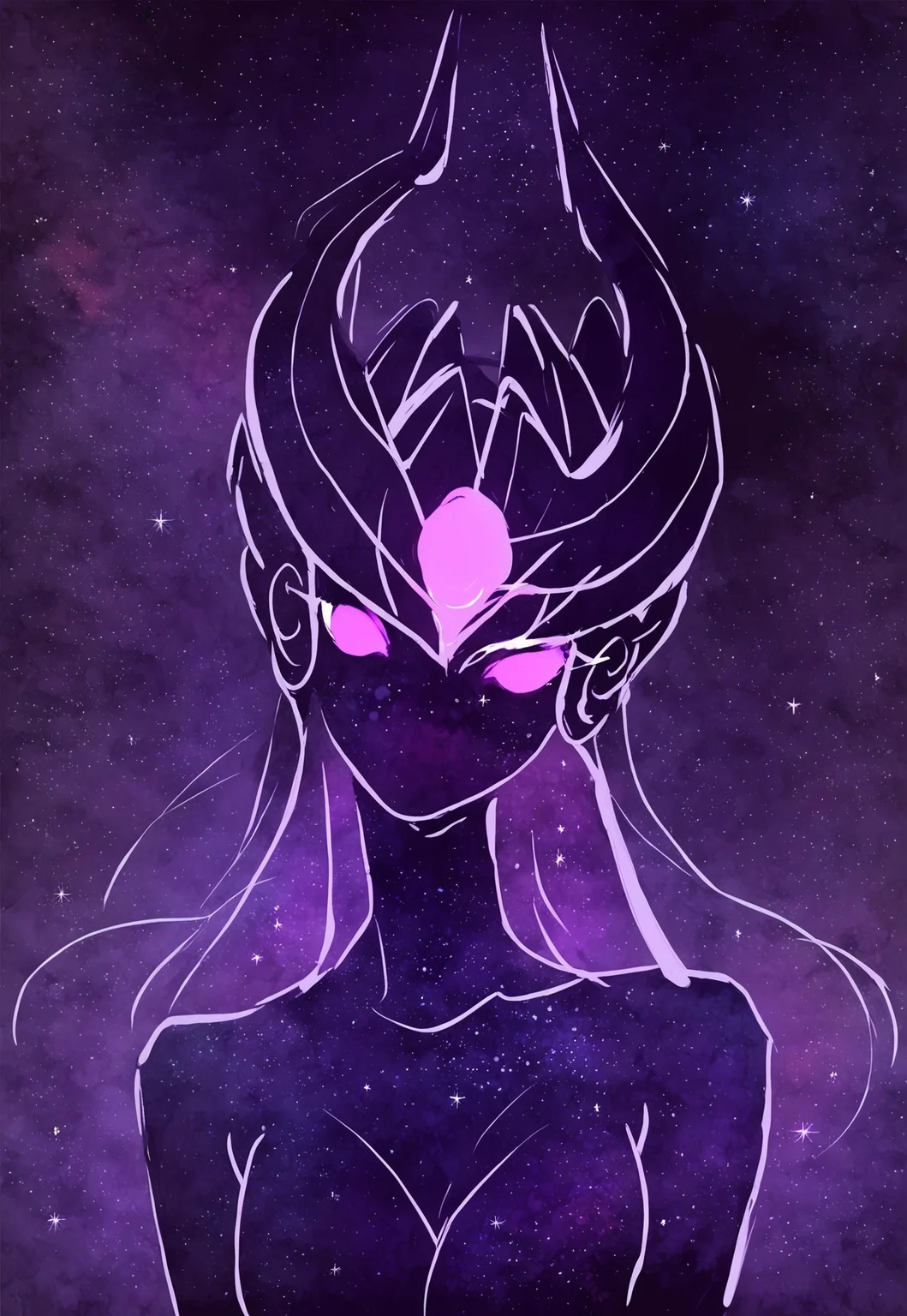 zPDXL2, score_9, score_8_up, score_7_up, score_6_up, score_5_up, score_4_up, Score_9, score_8_up, score_7_up, score_6_up, , , black silhouette, galaxy, glowing purple eyes, no mouth, syndra