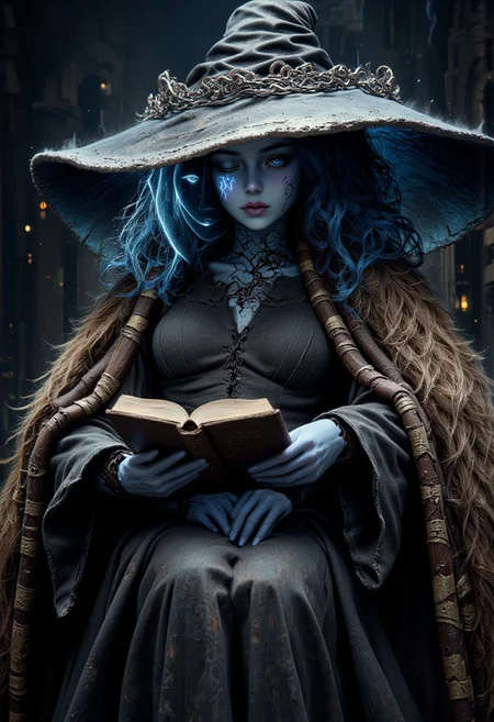 sexy, Dark Moody Atmosphere, Avant-garde, painting, sexy, erotic, best quality, masterpiece (Luis Royo style drawing), extremely detailed, great lighting, BREAK, quality, intricate details, Mystical light, Fog., sexy, beautiful sorceress Ranni, cloaked, extra arms, large hat, casting thunder magic spells, magic circle, hkmagic, tomes in background, magic book, ritual, vials, potion, sultry, mesmerising expression, black magic fantasy crypt, pentagram drawn on the floor with magic runes, magical glow, dark and moody, full body, side view, shafts of light, High Definition HD, High Detail, Perfect Composition, <lora:FluxR4nni:1> <lora:FluxMythP0rtr4itStyle:0.7> <lora:aidmaHyperrealism:0.5> aidmaHyperrealism <lora:FantasyWizardWitchesFlux:0.6>