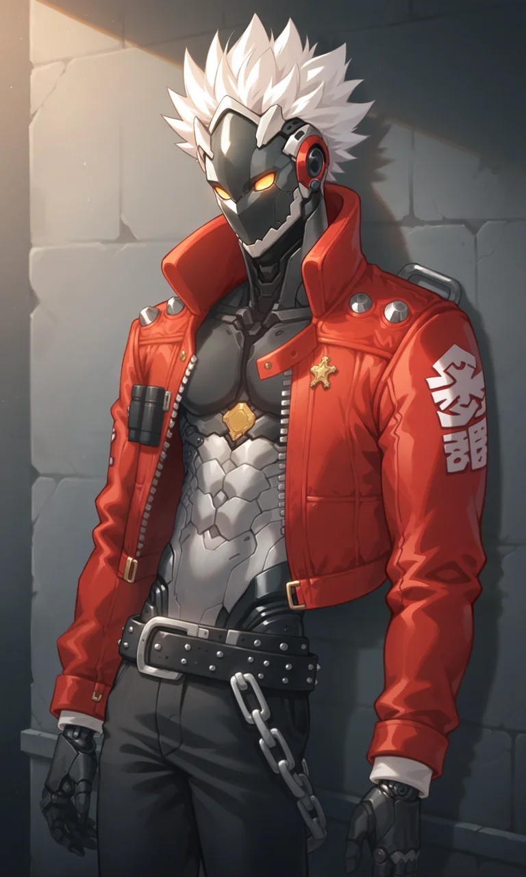 score_9, score_8_up, score_7_up, masterpiece, best quality, lots of details, ((1boy)), no pupils, no nipples, cyborg, robot, mask, slim, mechanical arms, mechanical body, Billy, solo, white hair, sheriff's star, spiked hair, standing, leaning on wall, red jacket, black pants, belt, chain, open clothes, male focus, looking at viewer, shaded, detailed shading, detailed skin, shaded skin, realistic shading, Expressiveh, countershading:1.1, concrete wall, indoors, <lora:add-detail-xl:0.7>, <lora:Smooth Anime 2 Style SDXL_LoRA_Pony Diffusion V6 XL:0.8>, <lora:Expressive_H:0.7>, <lora:Billy_XL_V10_OPT:0.9>