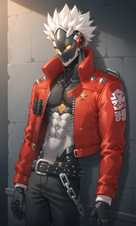 score_9, score_8_up, score_7_up, masterpiece, best quality, lots of details, ((1boy)), no pupils, no nipples, cyborg, robot, mask, slim, mechanical arms, mechanical body, Billy, solo, white hair, sheriff's star, spiked hair, standing, leaning on wall, red jacket, black pants, belt, chain, open clothes, male focus, looking at viewer, shaded, detailed shading, detailed skin, shaded skin, realistic shading, Expressiveh, countershading:1.1, concrete wall, indoors, <lora:add-detail-xl:0.7>, <lora:Smooth Anime 2 Style SDXL_LoRA_Pony Diffusion V6 XL:0.8>, <lora:Expressive_H:0.7>, <lora:Billy_XL_V10_OPT:0.9>