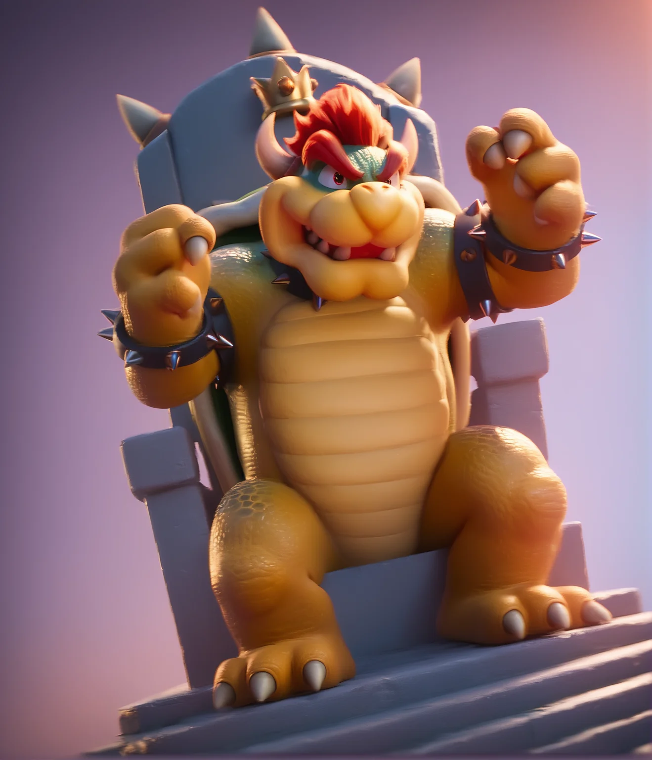 score_9, score_8_up, score_7_up, score_6_up, score_5_up, score_4_up, source_furry, max detail, 4k wallpaper, masterpiece, best quality, absurdres, highres, dynamic angle, dynamic pose, standing, full body, <lora:Bowser_-_Super_Mario_Bros._Film3:1> bowser, smile, full body, 4 fingers, 3 toes, sitting, throne