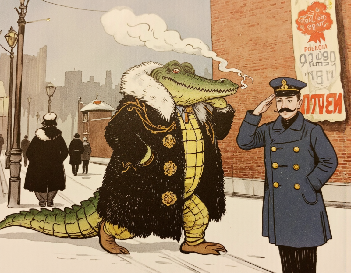 <lora:suteev-000008:1>, Digital painting of a smug, anthropomorphic crocodile dressed in an opulent fur coat with intricate embroidery and golden trim, strutting confidently down a snow-covered street in revolutionary Petrograd. His scales gleam under the pale winter light as he puffs on a thick cigar, a thin spiral of smoke curling upward. A tsarist policeman (gorodovoy) in a dark blue uniform with shiny buttons and a bushy mustache stands stiffly at attention, saluting with nervous deference. Beside him, a rough revolutionary sailor in a striped shirt and tattered cap snaps a half-mocking, half-impressed salute, his eyes wide with amusement., 
The scene is richly detailed yet cleanly stylizedâno shadows, no extra limbs, and crisp, vibrant colors. The cobblestone street is dusted with snow, faint tram tracks visible beneath, while vintage lampposts cast a soft glow. In the background, faded propaganda posters (e.g., 'ÐÐ¾Ð»Ð¾Ð¹ ÑÐ°ÑÑ!') peel off brick walls, and distant silhouettes of 1917 Petrograd buildings complete the setting. The atmosphere is playful and slightly absurd, blending historical satire with classic childrenâs book charm. The crocodileâs smug grin, the policemanâs uneasy posture, and the sailorâs rebellious smirk are all exaggerated for comedic effect, keeping the composition lively and engaging