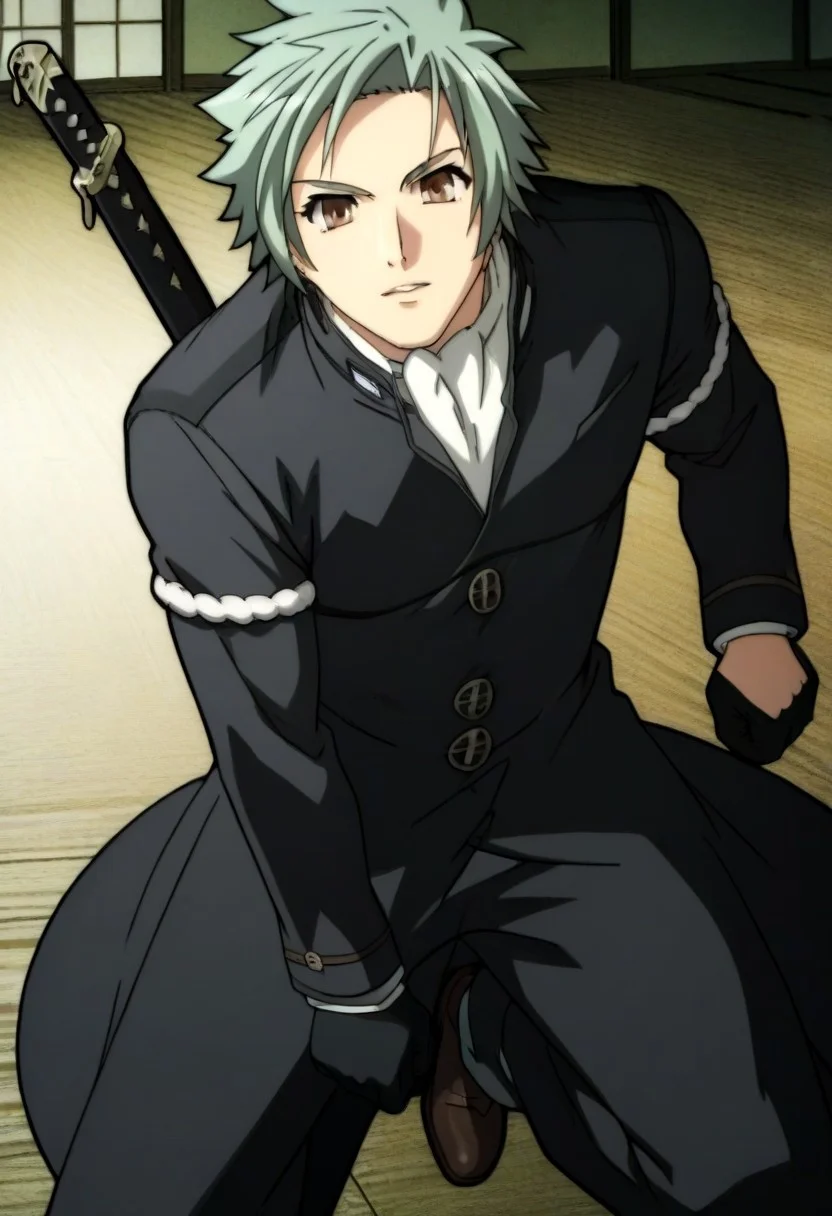 ((masterpiece)), ((best quality)), ((ultra-detailed)), ((absurdres)), score_9_up, score_8_up, score_7_up,
HD, top quality, best quality, amazing quality, High-quality illustrations, anime screencap, source_anime, best aesthetic, perfect proportions, perfect eyes, 1boy, 1male, solo boy, solo male, male focus, solo male focus, Anime, boy, male anime character, anime boy, handsome, sexy, cute, charming, ((looking at front, looking at viewer)), ((front shot, front view, view from front)), ((full body shot, head to feet shot)), ((tall body, tall height)), ((lean body, bulky body, hunk body)), Muneakira Yagyuu, gray-green hair, brown eyes, long black overcoat, leg-length overcoat, closed buttoned coat, white neck cravat, long sleeves, white armbands, black gloves, black pants, rown shot, ((action pose, fight stance)), ((hand holding a long katana sword)), ((japanese dojo)), swordeasynegative, updn, Expressiveh, masterpiece, best quality, very aesthetic, absurdres