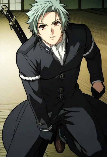((masterpiece)), ((best quality)), ((ultra-detailed)), ((absurdres)), score_9_up, score_8_up, score_7_up,
HD, top quality, best quality, amazing quality, High-quality illustrations, anime screencap, source_anime, best aesthetic, perfect proportions, perfect eyes, 1boy, 1male, solo boy, solo male, male focus, solo male focus, Anime, boy, male anime character, anime boy, handsome, sexy, cute, charming, ((looking at front, looking at viewer)), ((front shot, front view, view from front)), ((full body shot, head to feet shot)), ((tall body, tall height)), ((lean body, bulky body, hunk body)), Muneakira Yagyuu, gray-green hair, brown eyes, long black overcoat, leg-length overcoat, closed buttoned coat, white neck cravat, long sleeves, white armbands, black gloves, black pants, rown shot, ((action pose, fight stance)), ((hand holding a long katana sword)), ((japanese dojo)), swordeasynegative, updn, Expressiveh, masterpiece, best quality, very aesthetic, absurdres