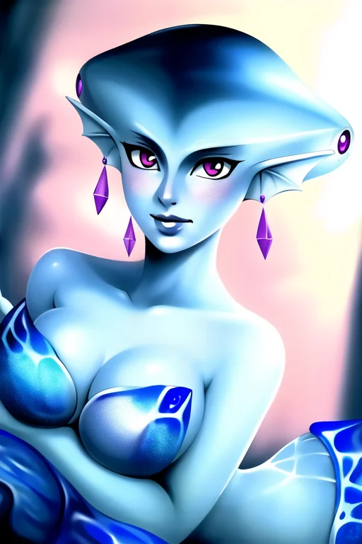 masterpiece, best quality, a portrait of princess ruto, fantasy, water, ruto, slim, breasts, realistic, blue skin, zora, 1girl, earrings, fin, fish girl, fin ears, purple eyes, solo, upper body, legs, slim waist