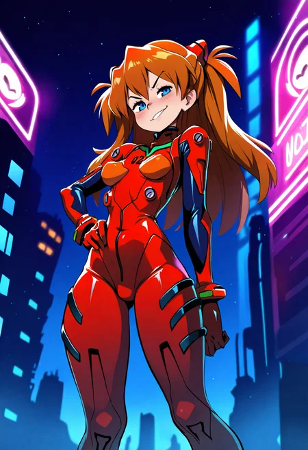 xaxaxa,
best quality, amazing quality, very aesthetic, absurdres,
1girl, asuka langley, red plugsuit, standing, smug, looking at viewer, futuristic background, neon light , buildings, night <lora:XaxaxaIllustriousXL_byKonan:1>