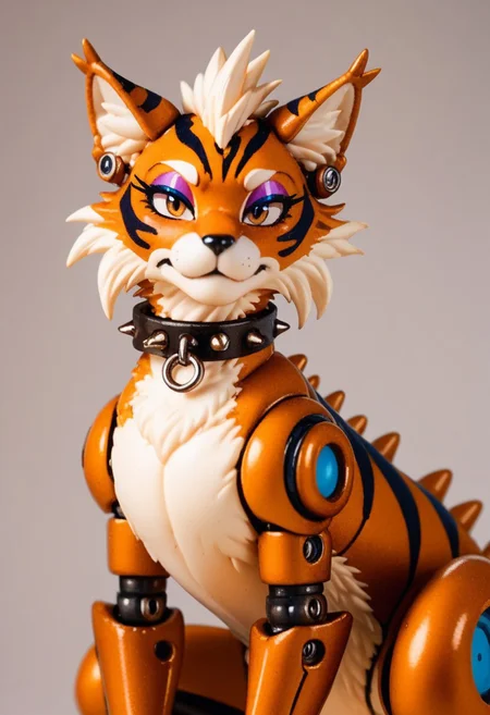 score_9, score_8_up, score_7_up, score_6_up, score_5_up, source_furry, (eyeshadow:1.6), feminine eyelashes, 1girl, female, thin waist, (spiked collar:1.4), tama, female, bobcat, cat, robot, 1girl, brown, strips, feral