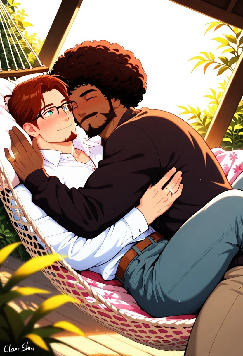 ((Expressiveh) (fcHeatPortrait) (spring background, mansion, backyard, outside, , clear skies, daytime) (masterpiece, best quality, cinematic lighting, depth of field, best shadows, detailed textures),  (dutch angle)
 (2boys),   afro, dark red hair, dark red facial hair, long goatee, mustache, napping, closed eyes,smile, blanket, button up undershirt, brown eyes, , in love, green eyes,  yaoi, gay, bara,  jacket,  breathing, blushing,  wedding ring,l, button up shirt, looking at each other,  interracial, head tilt, cuddling, happy, affectionate gesture, laying on hammock,, engagement ring, fair skin, ,   athletic, , sweater, freckles, glasses,   pants,  Romantic,   Spring, in private, ,brown hair, beard, blue eyes, glasses, size difference, rich man,