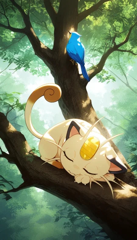 (masterpiece, best quality), best score, best anatomy, ultra deitailed, amazing quality, very aesthetic, absurdres, highres, newest, HDR, 8K, high detail RAW color art, high contrast, bright face, large pupil, eyelashes, brilliant skin, shiny skin,
cat looking up at the tree, memorable moment, natural lighting, Visual Representation, Meowth, sitting, outdoors, blue bird, nodding, sleepy, lying face down cat, perch on a tree branch, cinematic atmosphere, <lora:薄塗り:0.4>, <lora:ponyv5_noobV065S_1:0.55>, <lora:spo_sdxl_10ep_4k:0.6>, <lora:GBF_Illustrious:0.4>, <lora:MeMaXL4:0.8>