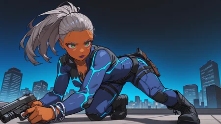 masterpiece, best quality, absurdres, newest, very aesthetic, amazing quality, sensitive highres, detailed, scifi, 7A3IFRHPR_illu, ligne claire, dynamic pose, abstract element, abstract background,
1girl, xle, clarifai, no ears, orange skin, green eyes, purple lipstick, grey hair, 4 fingers, ponytail, blue bodysuit, boots, belt holster, tattoo, bracelet, dynamic pose, holding gun, on rooftop, fierce look, sexy, night, city in background
<lora:hwm4to7A3IFRHPR:1> <lora:XLE_-_Clarifai:1>