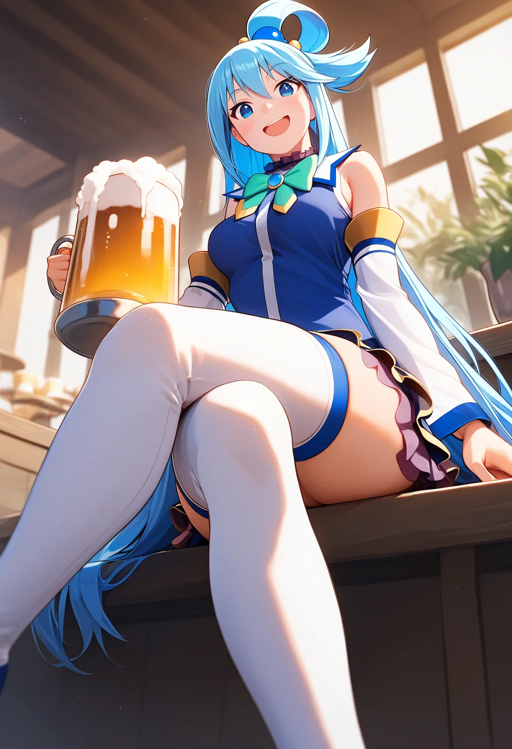 aqua \(konosuba\), 1girl, thighhighs, long hair, solo, open mouth, smile, cup, mug, sitting, looking at viewer, indoors, bare shoulders, hair rings, holding, beer mug, crossed legs, holding cup, thigh boots, green bow, blush, boots, single hair ring, alcohol, medium breasts, blue thighhighs, :d, blue shirt, from below, white thighhighs, beer, thighhighs under boots, very long hair, bowtie, thighs, white sleeves, sleeveless,
<lora:konosuba_collection_v2:1> score_9, score_8_up, score_7_up, score_6_up, absurdres, masterpiece, best quality, very aesthetic