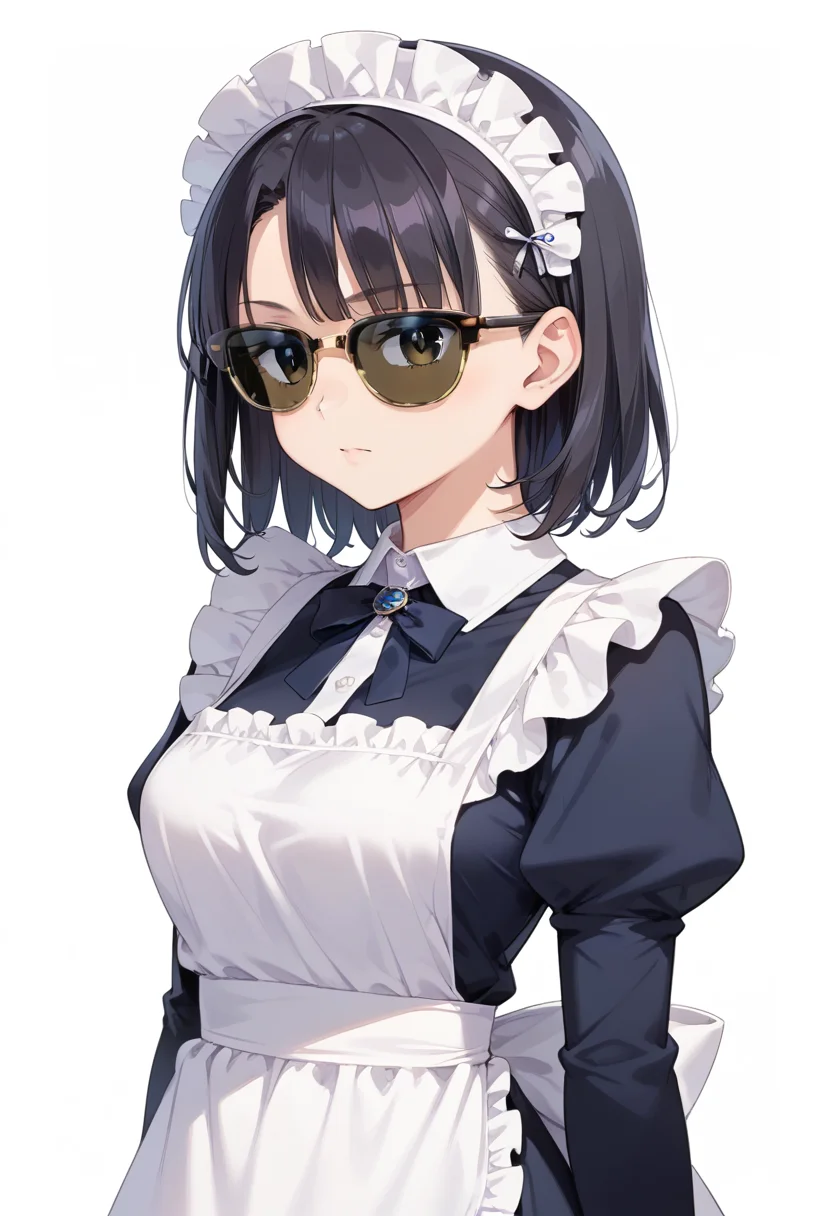 score_9, score_8_up, score_7_up, rating_safe, masterpiece, best quality, absurdres, unity 8k wallpaper, official art, official style, source_anime, uncensored, game cg, megami magazine,
1girl, solo, black hair, medium hair, upper body, covered eyes,maid, maid headdress, black dress, maid apron,
sirmont, sunglasses, white background, simple background, reflection, glasses, english text, black-framed eyewear, yellow-framed eyewear, two-tone eyewear, darkblack-tinted eyewear, covered eyes,
<lora:glasses_clubmaster_PONY_V1:1>