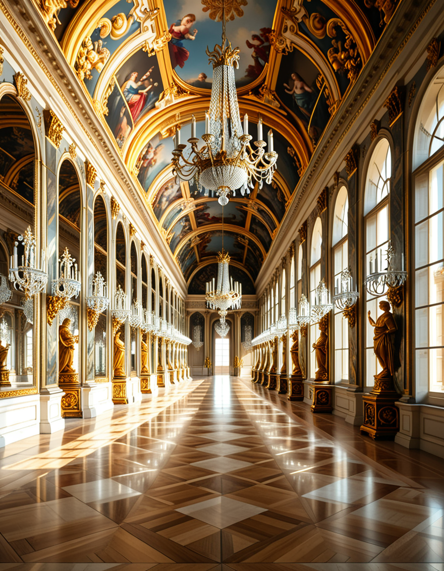 A breathtaking, photorealistic depiction of the Hall of Mirrors (Galerie des Glaces) at the Palace of Versailles in France, captured in golden afternoon light. The hall is grand and opulent, with a high arched ceiling painted with intricate Baroque frescoes. The walls are lined with tall arched mirrors on one side and large arched windows on the opposite side, flooding the space with natural light. Elegant crystal chandeliers hang from the ceiling, reflecting in the mirrors and sparkling with golden highlights. The marble floors are polished and gleaming, with rich, warm tones. Gilded statues and decorative elements frame the mirrors and doorways. The image style is ultra-detailed and photorealistic, with sharp textures and soft, warm lighting creating a majestic, timeless atmosphere. No people present, only the serene magnificence of the empty hall. Camera angle at eye level, centered down the hall, capturing the full length and symmetry of the space.
<lora:SDXLFaeTastic2400:0.4> <lora:extremely_detailed:0.4> extremely detailed,<lora:Hall_of_M1rr0rs:1>,Hall of M1rr0rs, Masterpiece,best quality,hi res,8k,hi res,8k,award winning,(sharp focus, intricate, highly detailed),