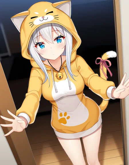 masterpiece, best quality, amazing quality, ultra detail, good anatomy, good hand,
BREAK <lora:hagiwara-michiru Imokone - todoketai koigokoro(MitsuYukiTyakai)-illustrious:0.7> hagiwara-michiru. white hair, long hair, medium breasts, blue eyes,
BREAK outfit03, animal costume, hooded one-piece dress, yellow dress, paw print dress, short dress, hoodie, cat hoodie, cat ears, hood straps, hood up, bell necklace, cat tail, tail ribbon, bare legs,
BREAK dynamic angle, 1girl, posing, in room,
