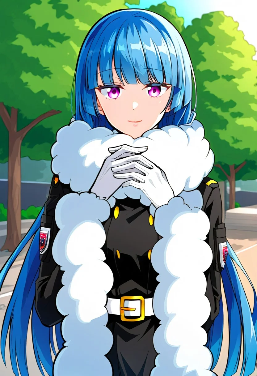 score_9, score_8_up, score_7_up, source_anime BREAK masterpiece, best quality, 1girl, solo,
luce marie, blue hair, long hair, purple eyes, blunt bangs,
fur scarf, military coat, multiple belts, white gloves,
upper body, park, <lora:ntmf_majorcharacters_pdxl:1>