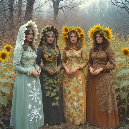<lora:70sHorrorMovie2SDXL:1> ArsMovieStill, movie still from a 1970s horror movie, Four women representing the seasons, each dressed in richly detailed garments. They stand intertwined with the natural elements of their seasonsâspring blossoms, summer sunflowers, autumn leaves, and winter snowflakes.