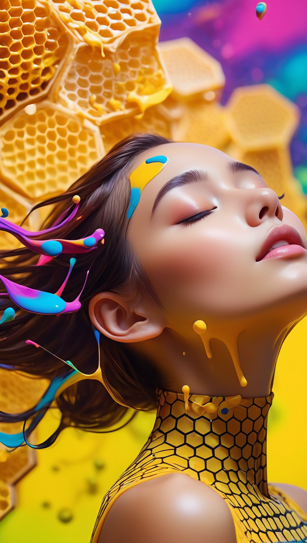 masterpiece,best quality,1girl,closed eyes,upper body,splashing,abstract,psychedelic,neon,(honeycomb pattern),(creative:1.3),sy3,SMM,fantasy00d,