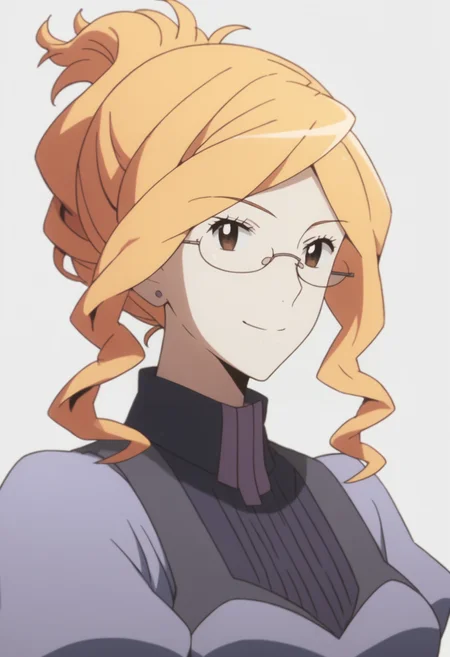 score_9,score_8_up,score_7_up, source_anime, masterpiece, best quality, looking at viewer, 1girl, solo,white background, upper body, <lora:DX888Henrietta:1> henrietta, glasses, dress, hair up,