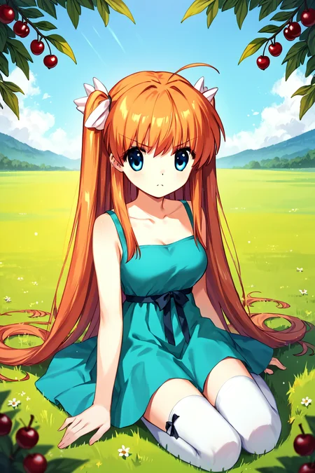 score_9, score_8_up, score_7_up, score_6_up, rating_safe, source_anime, 2.5d, best quality, masterpiece, detailed background, detailed eyes, outdoors, teal sundress, white thighhighs, sitting on grass, cherry, cherries, v shaped eyebrows, frown, <lora:ohtori-chihaya-xl-04:1>, ohtori chihaya, two side up, ahoge, medium breasts,