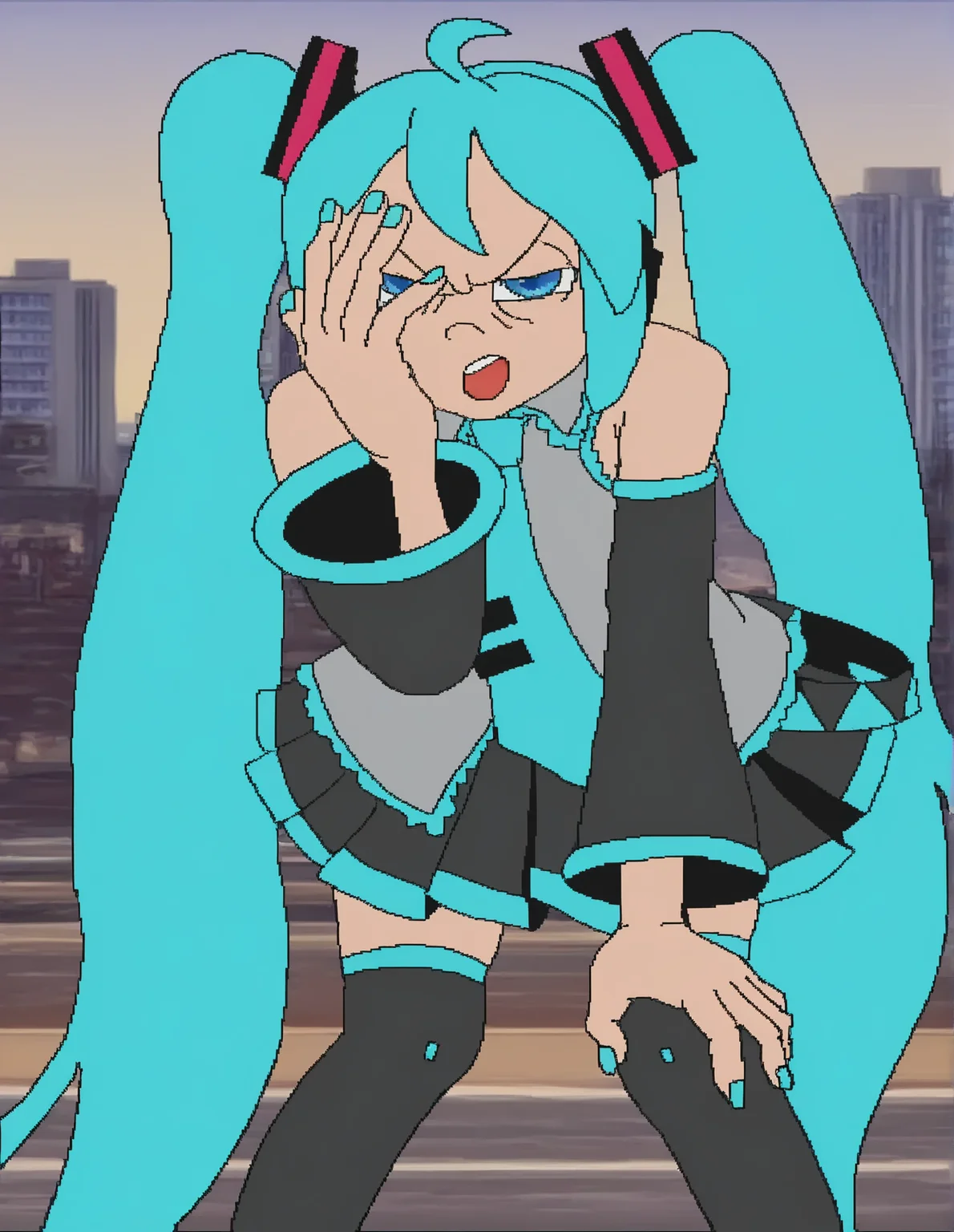 <lora:cdi-style_vpred-noobaiv10_:1>, cdi style, flat colors, 1girl, ahoge, bare shoulders, black skirt, black sleeves, black thighhighs, detached sleeves, hair ornament, hatsune miku, long hair, miniskirt, nail polish, pleated skirt, shirt, skirt, sleeveless, sleeveless shirt, solo, thighhighs, twintails, very long hair, vocaloid, city, looking at viewer, happy, blue eyes, narrowed eyes, facepalm, >:o, hands on kneeâââ