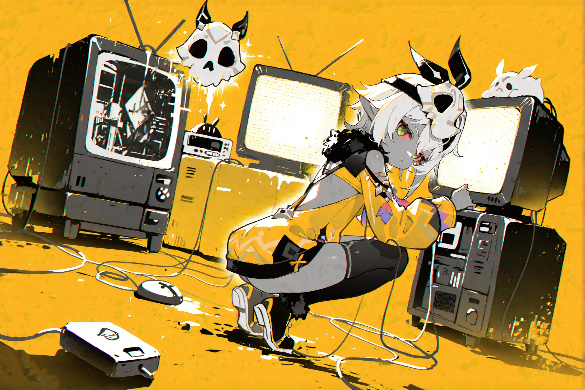 masterpiece,best quality,good quality,very awa,very aesthetic,absurdres,newest,solo,jitome,big eyes,looking at viewer,simple background,1girl,squat,1girl squating on old monitors,full body,monochrome,looking back,yellow background,colored sclera,CRT,computer mouse,female focus,yellow theme,Head tilt,Background Segmentation,Dutch Angle,<lora:ponyv6_noobV1_2_adamW-000017:0.8>,<lora:USNR_STYLE_XL_lokr:0.45>,<lora:mengxuanliart:0.65>,
<lora:Iansan-noob-Tanger-000014:0.8>,Digital Deconstruction,Glitch Art,
Iansan \(genshin impact\),clothes: Iansan def  balck and yellow clothes,skull mask on head,single thighhigh,1girl,green eyes,pointy ears,dark skin,long sleeves,