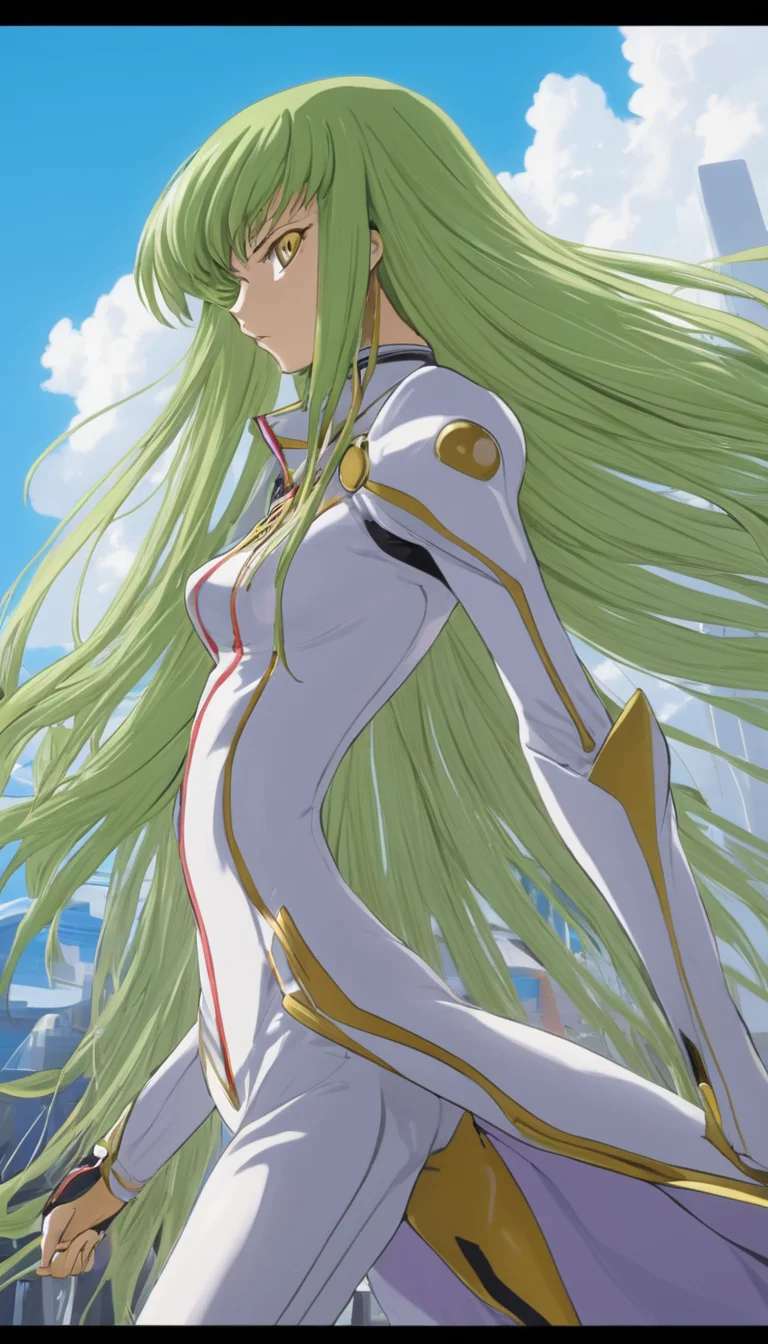 Cinematic scene, hero view, 1girl, C.C., Code Geass, action pose, detailed background, masterpiece, best quality, high quality, highres, absurdres <lora:cc:1>, (Studio ghibli style, Art by Hayao Miyazaki:1.2), Anime Style, Manga Style, Hand drawn, cinematic, Sharp focus, humorous illustration, big depth of field, Masterpiece, concept art, trending on artstation, Vivid colors, Simplified style, trending on ArtStation, trending on CGSociety, Intricate, Vibrant colors, Soft Shading, Simplistic Features, Sharp Angles, Playful