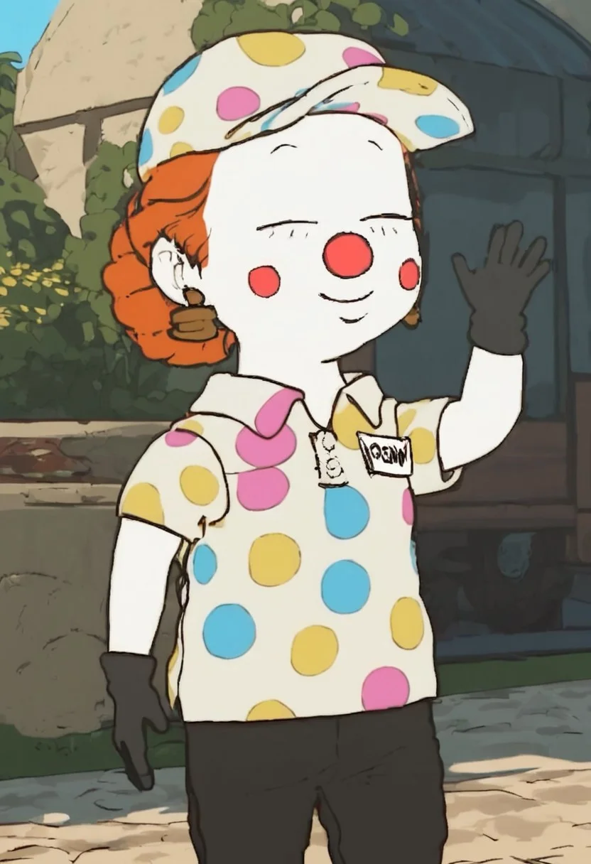 penny_bgtpb_clown, 1girl, chibi, curly orange hair (redhead, hair bun), big eyes, black eyes, big clown red nose, clown makeup (white skin, blush makeup), earrings, white cap (multicolored polka dots), white polo shirt (multicolored polka dots, name tag), black gloves, black pants, black shoes, score_9_up, score_8_up, score_7_up, solo, looking at viewer, smiling, waving at viewer, standing, female focus, detailed background, trailer park, masterpiece, best quality, 8k, Expressiveh, cowboy shot,