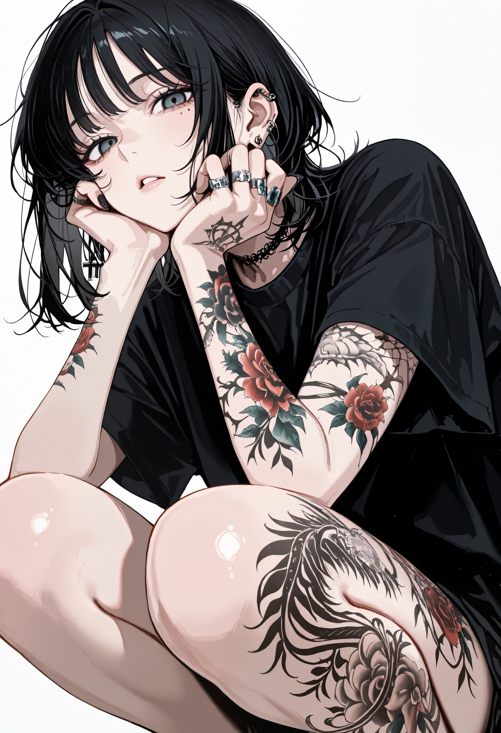 high_detail, 1girl, solo, tattoo, jewelry, squatting, black hair, leg tattoo, ring, simple background, earrings, white background, shirt, black shirt, medium hair, arm tattoo, looking at viewer, parted lips, cross, mole under eye, multiple rings, mole, bangs
