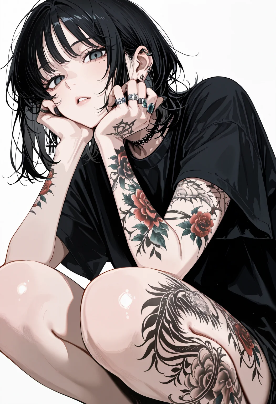 high_detail, 1girl, solo, tattoo, jewelry, squatting, black hair, leg tattoo, ring, simple background, earrings, white background, shirt, black shirt, medium hair, arm tattoo, looking at viewer, parted lips, cross, mole under eye, multiple rings, mole, bangs